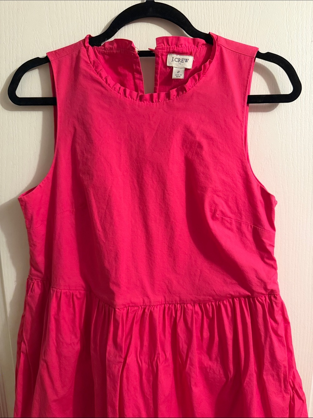 J. Crew Hot Pink Sleeveless Ruffle Neck Cotton Dress